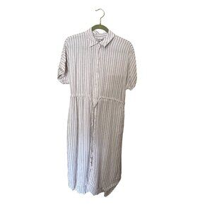 Linen Blend Striped Button-Down Shirt Dress S‎ Pockets Beacho Boho Vacation